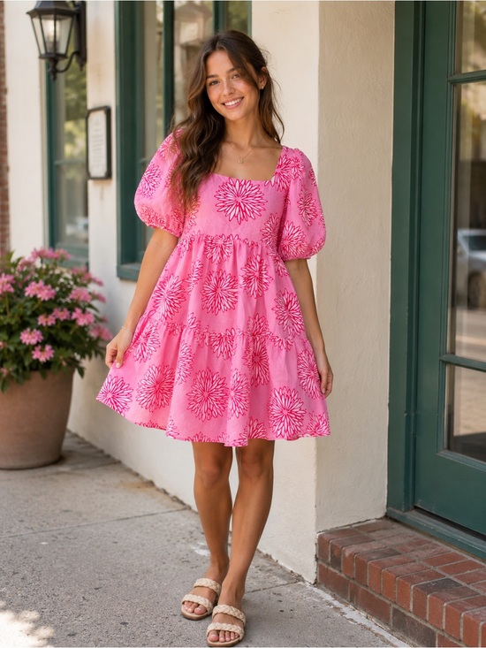 J.Marie Dresses & Skirts - J.Marie Floral Square-Neck Pink Puff-Sleeve Midi Dress Sz XS